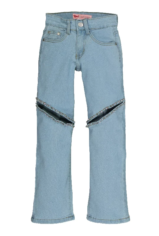 Girls Rhinestone Cut Out Straight Leg Jeans Bohemian Men's Free