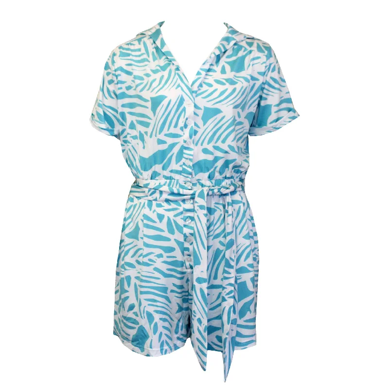 La Mer Luxe Short Sleeve Renee Romper - Caribbean Blue Tropical Leaf Adventure