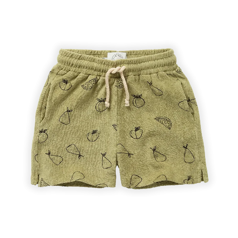 SPROET & SPROUT OLIVE GREEN TUTTI FRUTTI PRINT TERRY SHORTS [Final Sale] Elegant Men's Formal 