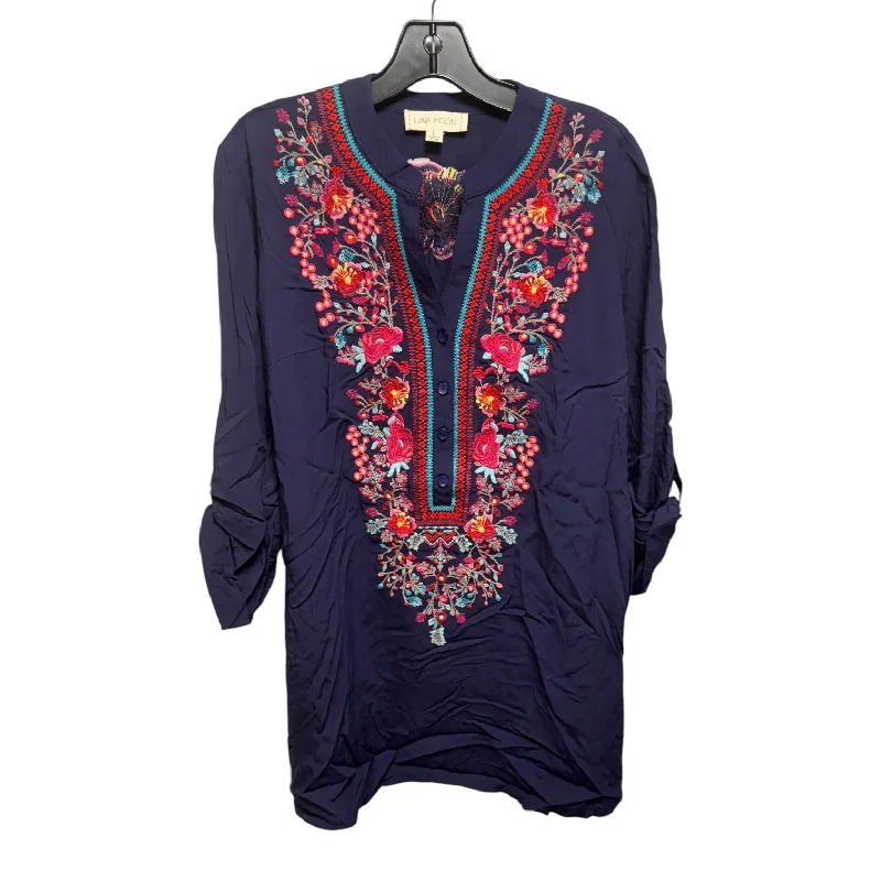 Embroidered Tunic 3/4 Sleeve By Luna Moon In Floral Print, Size: L Athletic Men's High