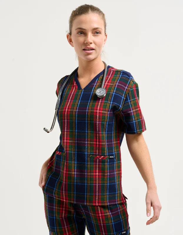 Essential V Neck Scrub Top - Christmas Blue Tartan Minimalist Men's Casual 