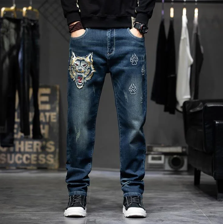 Men's Hip Hop Denim Baggy Embroidery Casual Straight-Leg Pants Tailored