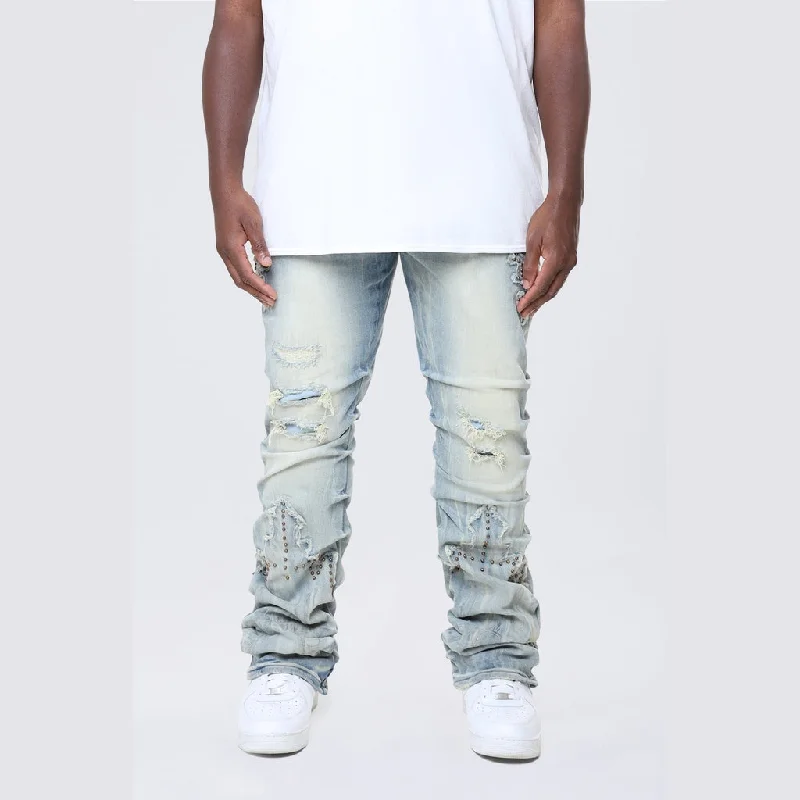 Big and Tall - Lazy Stacked Western Studded Jeans - Milky Blue Trendy Men's Scandinavian