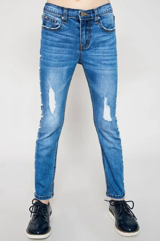 Girls - Distressed Side Pearl Denim Jean In Mid Denim Artistic Men's Hand