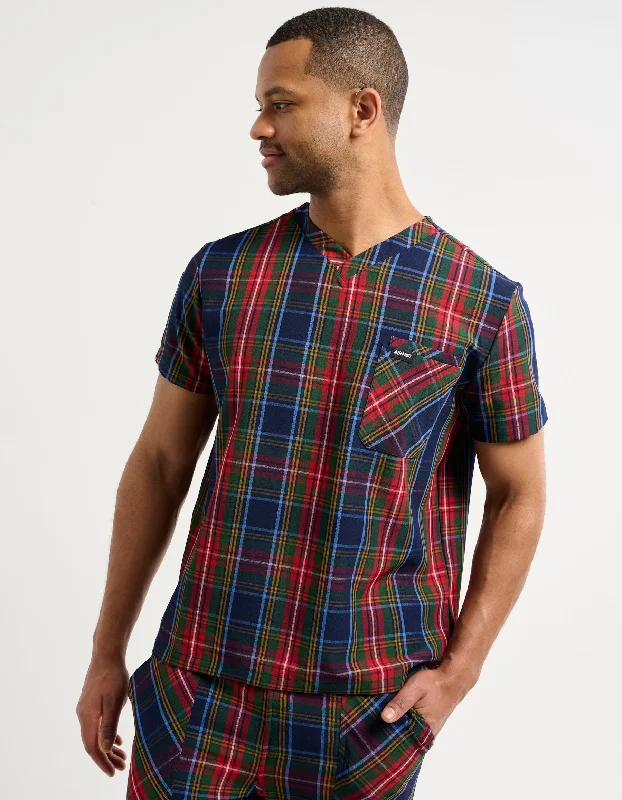 Essential V Neck Scrub Top - Christmas Blue Tartan Sleek Men's Contemporary 