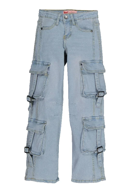 Girls Cargo Pocket Straight Leg Jeans Practical Men's Quick