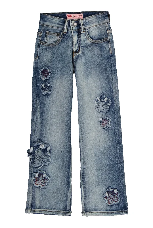 Girls Flower Frayed Jeans Youthful Men's Anime