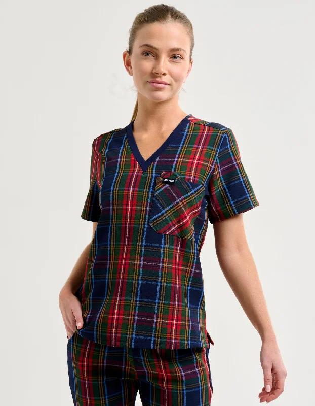 Essential One Pocket V Neck Scrub Top - Christmas Blue Tartan Edgy Men's Punk