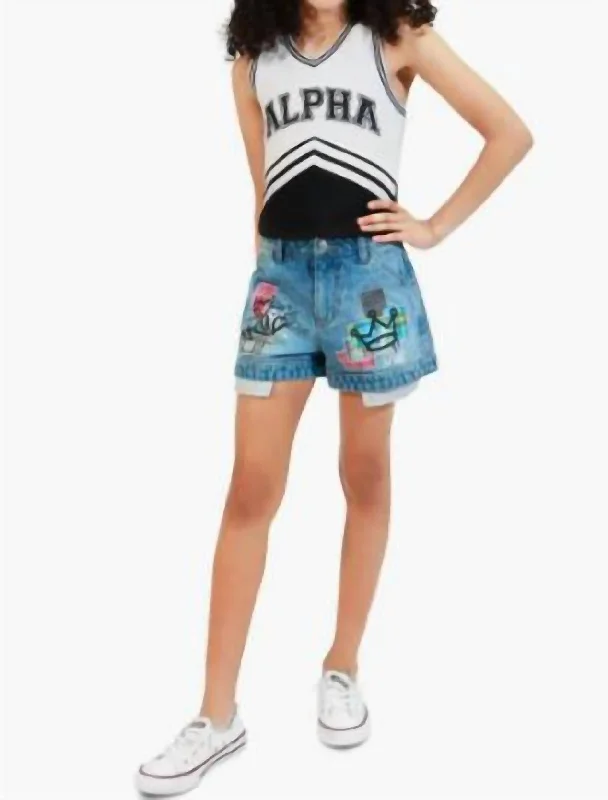 Girl's Applique Lace Shorts In Blue Hip Men's Retro