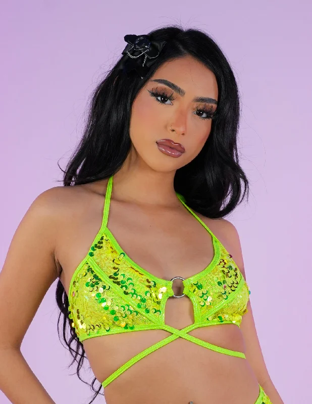 Neon Sequin Disco Halter Top Streetwear Style