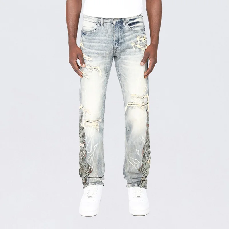 Long Slim Flame Tapestry Jeans Sleek Men's Metallic