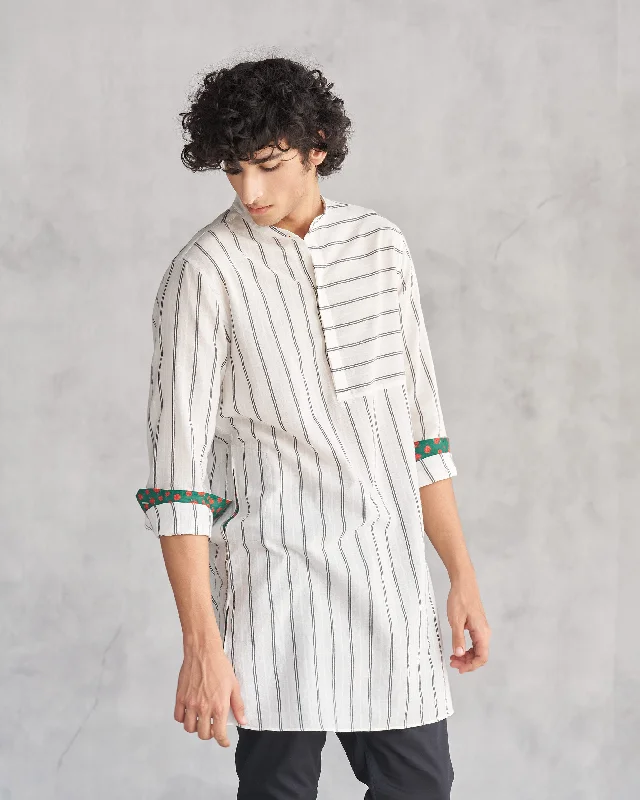 Panel Stripe Kurta - Ivory & Black Refined Men's Hand