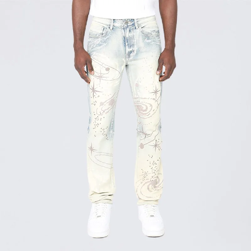 Long Slim Maximalist Pearl Studded Jeans Stylish Men's Neon