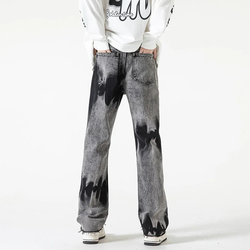 Casual High Street Style Denim Tie Dyed Burr Edge Skinny Pants for Men Lumberjack