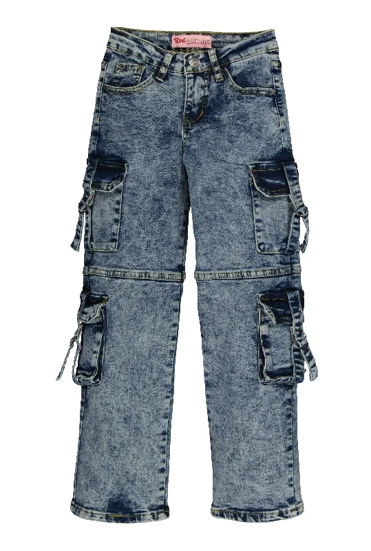 Girls Acid Wash Cargo Pocket Jeans Polished Men's Satin