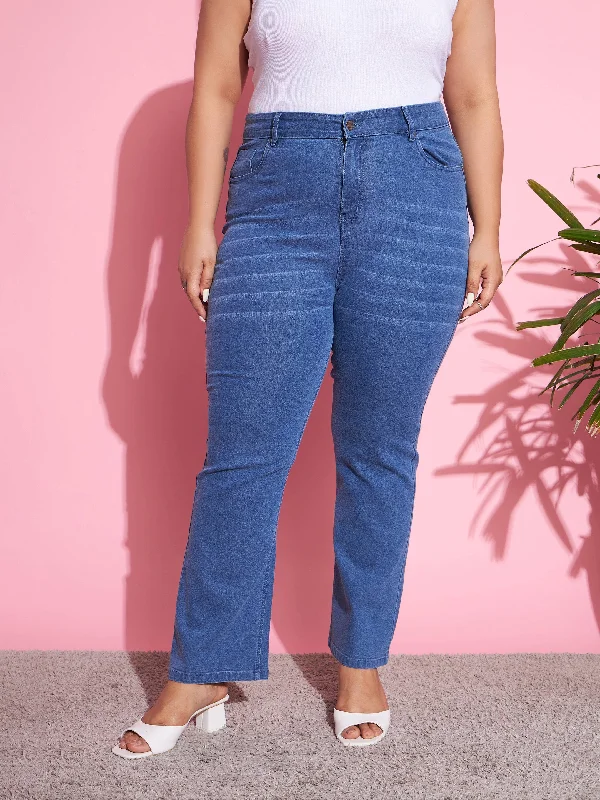 Women Blue Wash Denim Boot Cut Jeans Laid